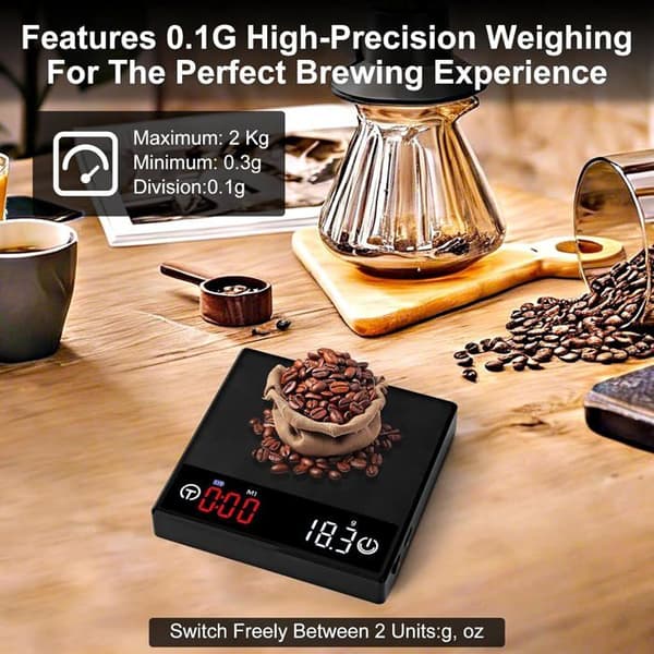 Kaffevåg med timer, uppladdningsbar köksvåg med automatisk timer och flödesfunktion, precisionsvåg