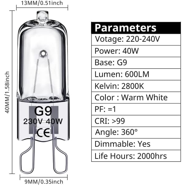 G9 halogenlamper, 230V, 10 stk. 40W