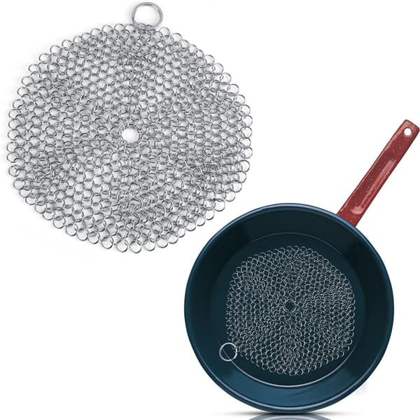 Støbejernsrensesæt 7\"x 7\" rustfrit stål ringbrynje skrubber til støbejernsrenser stegepande grillpande