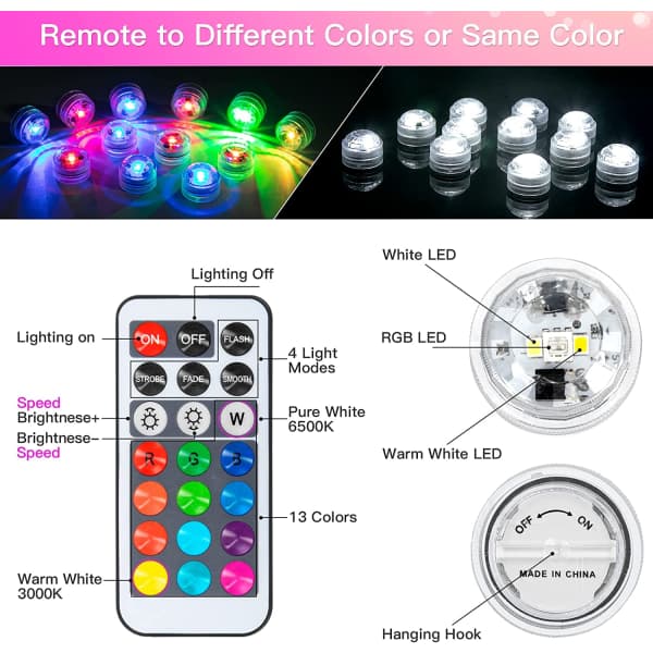 Neddykbare LED-lamper, 12 stk Mini LED-lamper Vann
