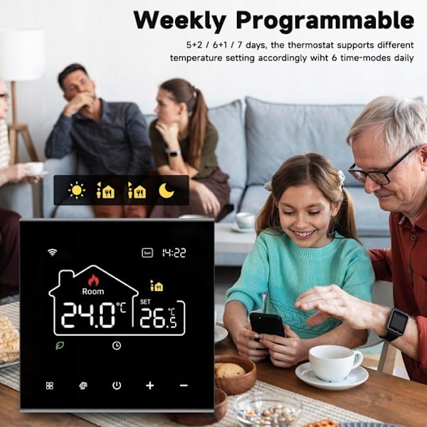 Thermostatti WiFi - ARHATREYA - 16A - Äänivalvonta - Viikoittainen ohjelmointi - Musta