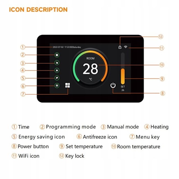 Thermostat WiFi - ARHATREYA - Tuya - 4,3" LCD-skærm - Vandbåren gulvvarme - Kompatibel med Alexa