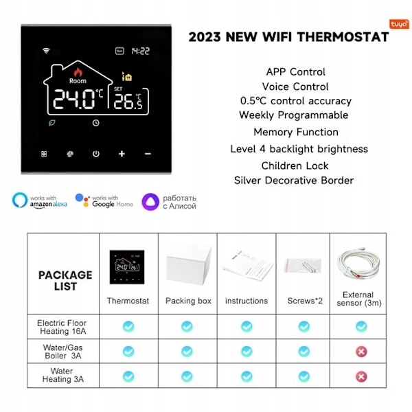 Termostat WiFi - ARHATREYA - 16A - Stemmestyring - Ugeprogrammering - Sort