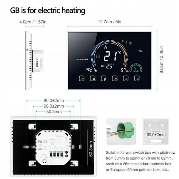 Thermostat Wi-Fi - ARHATREYA - BHT 8000 GB - LCD-skærm 4,8'' - Elektrisk gulvvarme 16A