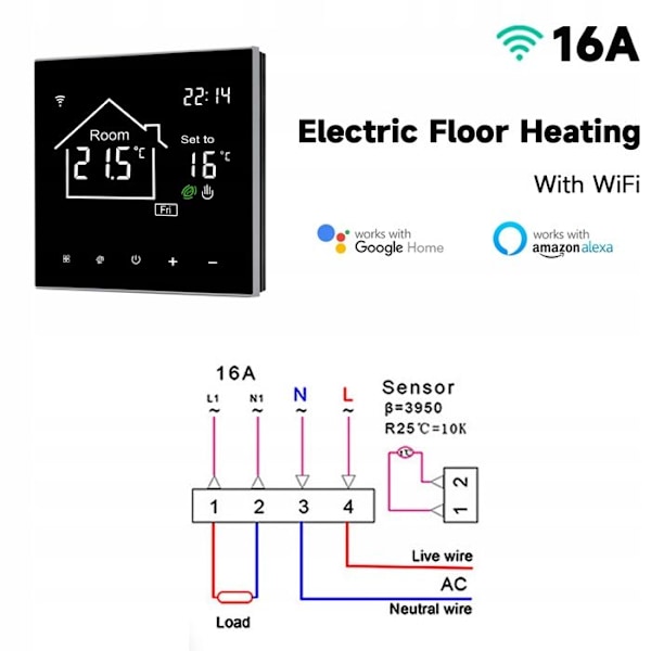 Termostat Wi-Fi - ARHATREYA - 16A - Berøringsskærm - Stemmekontrol - Programmerbar