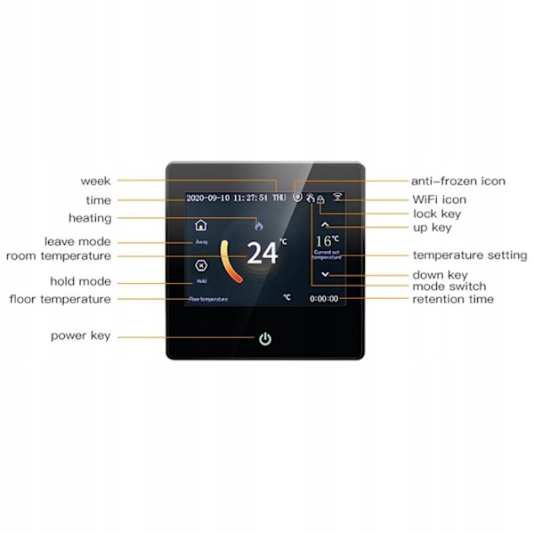 Termostat Wi-Fi - ARHATREYA - Golvvärme - Kompatibel med Alexa/Google - Svart Touchskärm