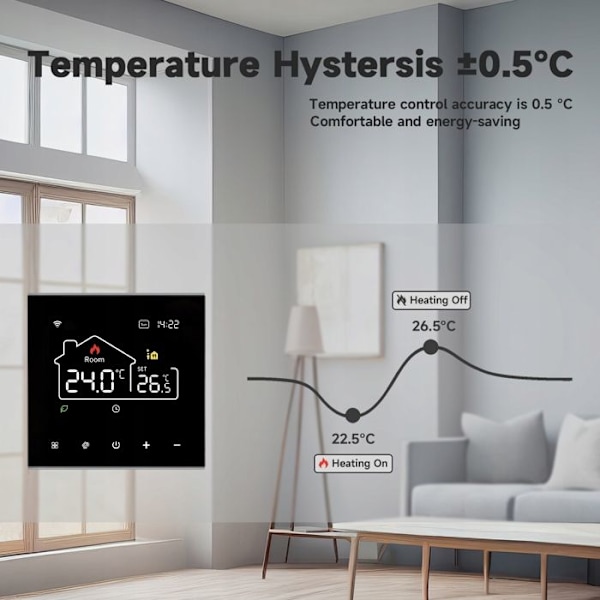 Termostat WiFi - ARHATREYA - 16A - Röststyrning - Veckoprogrammering - Svart