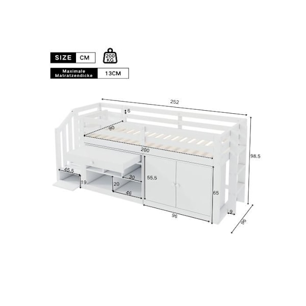 Børneseng - Massivt Træ - 90x200cm - Hvid - Multifunktionel med Opbevaring Vit