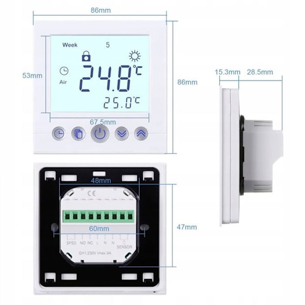 Programmerbar Termostat - ARHATREYA - LCD Hvid - 16A - Elektrisk Opvarmning