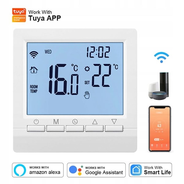 Intelligent WiFi Termostat - ARHATREYA - 16A - Kompatibel med Alexa/Google - LCD Touchskærm