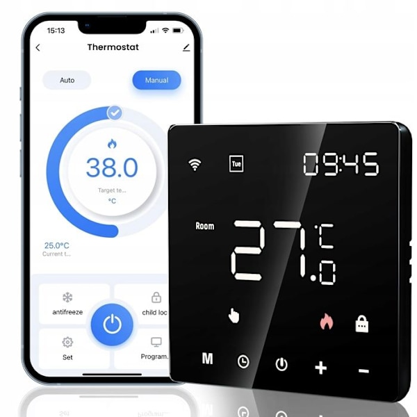Intelligent WiFi Termostat - ARHATREYA - LED Touchskærm - Kompatibel med Alexa & Google Home - Sort