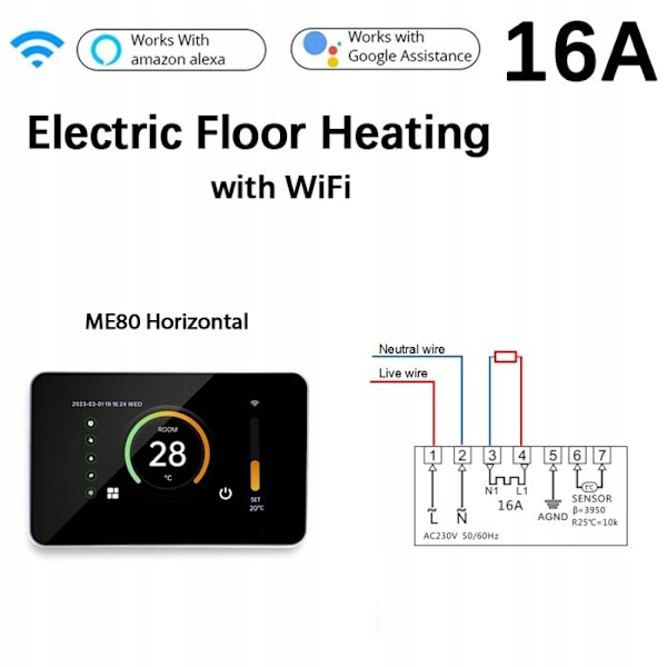 Termostat WiFi - ARHATREYA - 16A - Elektrisk gulvvarme - Kompatibel med Alexa og Google Home