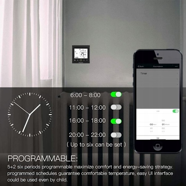 Termostat WiFi - ARHATREYA - Gulvvarme - LCD Berøringsskærm - Kompatibel med Alexa/Google
