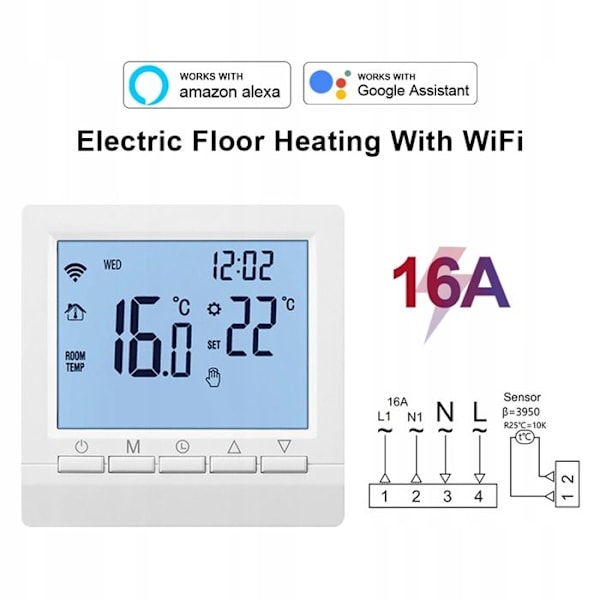 Thermostat WiFi Intelligent - ARHATREYA - 16A - Gulvvarme - Kompatibel med Alexa & Google Home