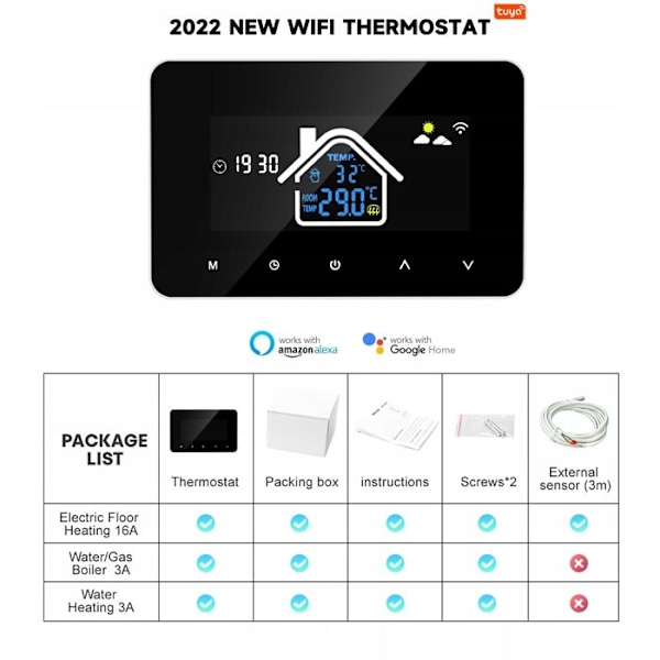 Termostat Wi-Fi Intelligent - ARHATREYA - Tuya - LCD - 16A - Alexa/Google Home