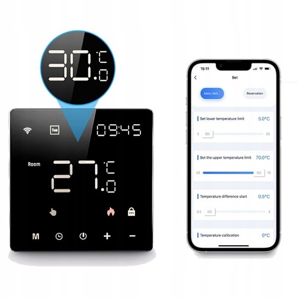 Intelligent WiFi Termostat - ARHATREYA - LED Touchskærm - Kompatibel med Alexa & Google Home - Sort