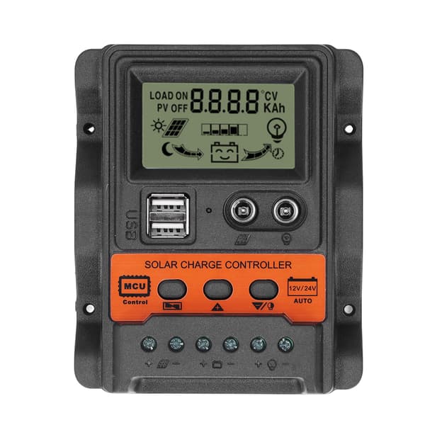 Solcelleladerkontroller LCD-skjerm 2 USB-utganger PWM Panel Ladekontroller 12V 24V30A 390W 780W