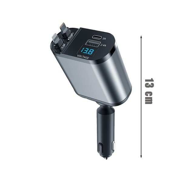 Dual Retractable USB Cable Car Charger with Voltmeter and 4-in-1 Fast Charging Support, USB A PD Port Enabled Car Cigarette Lighter Adapter, Smart