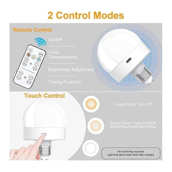 Rechargeable Battery Powered Light Bulbs, 300lm E26 Screw Bulb for Lamps with Remote Control [DB]