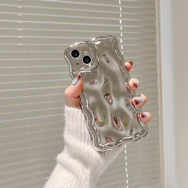 2025 Latest Model Compatible with iPhone Case, 3D Meteorite Bubble Pattern Electroplating Glitter Curly Wave Frame, Soft TPU Shockproof Silvery