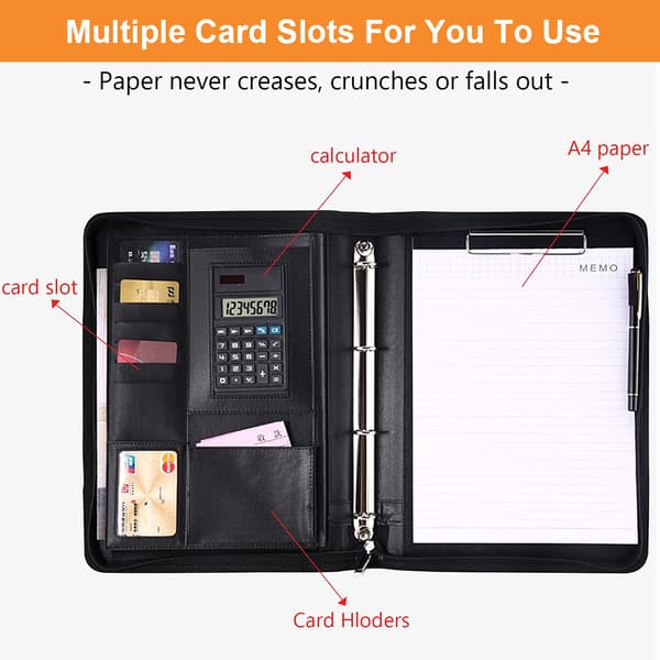 Portfolio Organizer with Zipper, 3-Ring Binder, Multi-Pocket Business Folder with Notepad, Vegan Leather Document Case with Tablet Sleeve