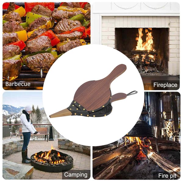 BBQ-bælg til pejse, campingbælg med læderrem, luftbælg til pejs, varmebestandig dyse, træbælg (egetræskonstruktion)