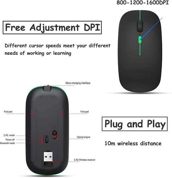 Rechargeable Wireless Mouse, Bluetooth Mouse, Dual Mode (BT 5.1 + 2.4G Wireless), Ultra-thin/Silent (800-1200-1600), with USB Cable, Wireless Mouse