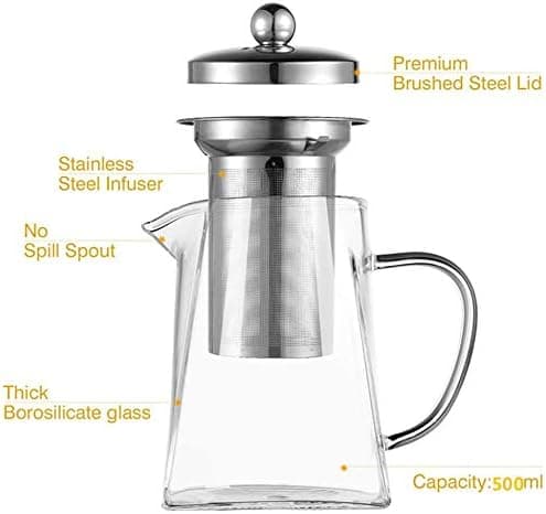 Square Glass Teapot with Strainer, 550ml Borosilicate Teapot with Infuser, Clear Loose Leaf Teapot