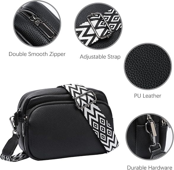 Women's PU Leather Shoulder Bag with Zipper Adjustable Strap Small Crossbody Bag Black