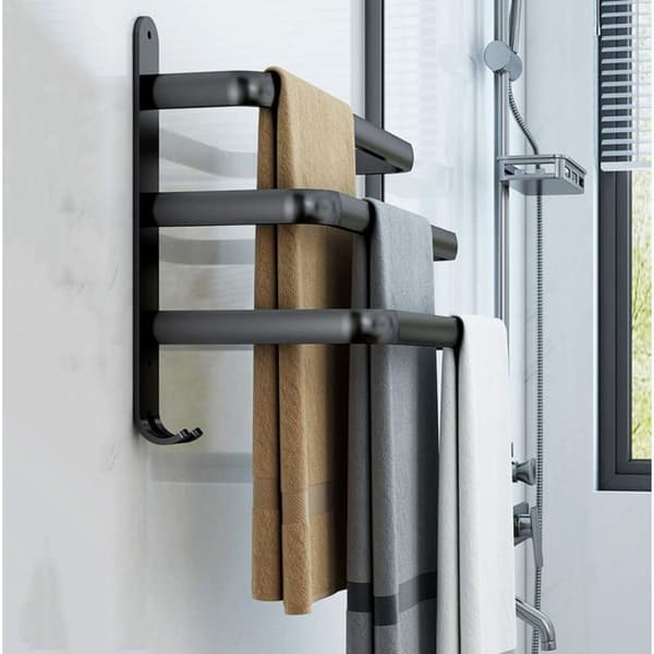 Black Bathroom Towel Rack - Wall Mounted Self-Adhesive Towel Rail - Waterproof with Hook (50 cm, three bars)