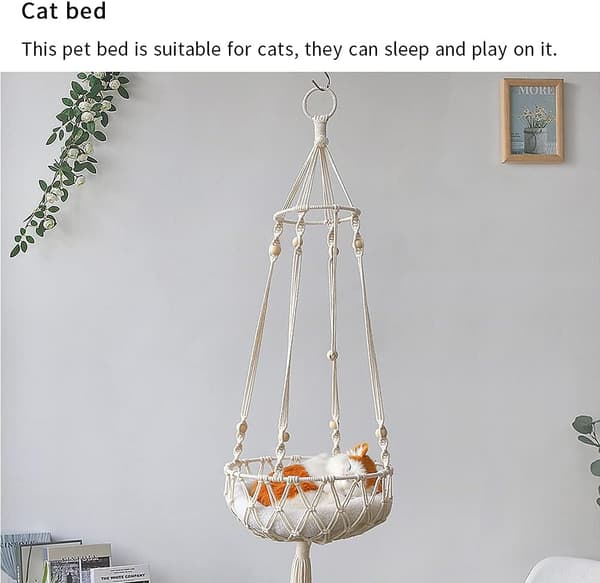 Boho Cat Window Sill, Hand-Woven Macrame Cat Hammock, Indoor Cat Bed for Sleeping, Round Pet Bed, Easily Customizable for Extra