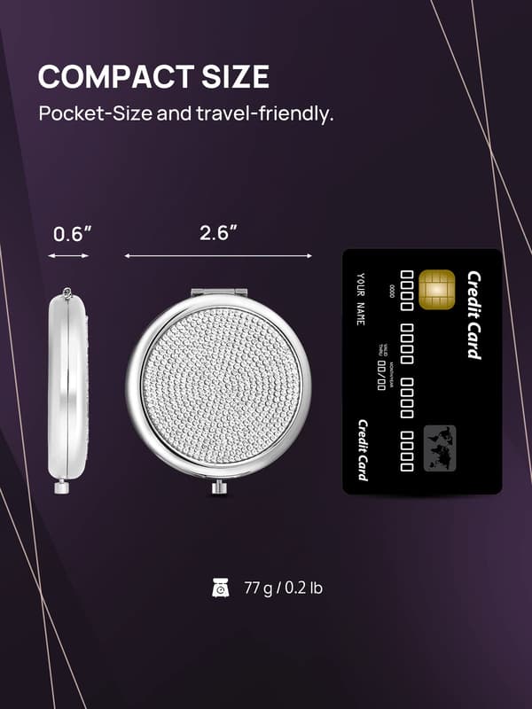 Compact Mirror, Mini Small Diamond 1X/2X Magnifying Round Metal Pocket Makeup Mirror