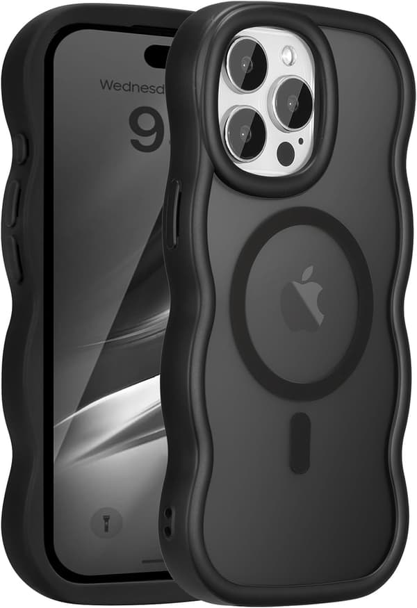 Magnetic Case for iPhone, Cute Case Compatible with MagSafe, Clear Wave Design Wavy Matte Phone Case Black