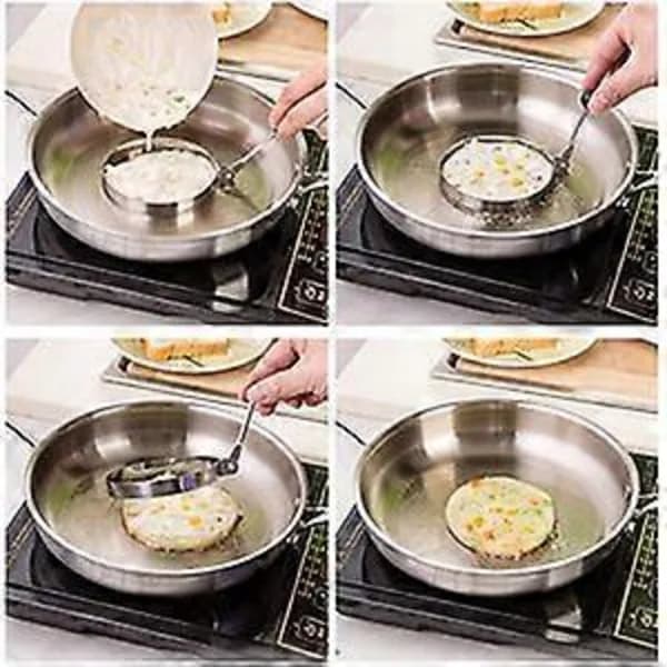 4-pakning eggeringer, non-stick panne, rund eggform med håndtak, laget av rustfritt stål.