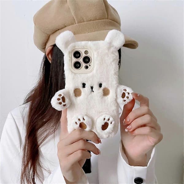 iPhone 15 Pro Case Cartoon 3D Bear Fluffy Plush TPU Winter Warm Phone Case