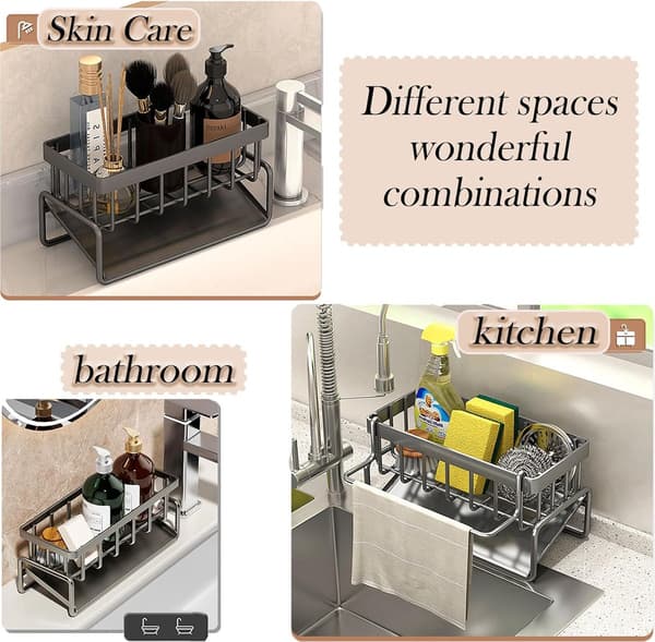 Silver Grey Sink Organiser with Self-Draining Tray - Sponge Holder, Towel Holder for the Kitchen