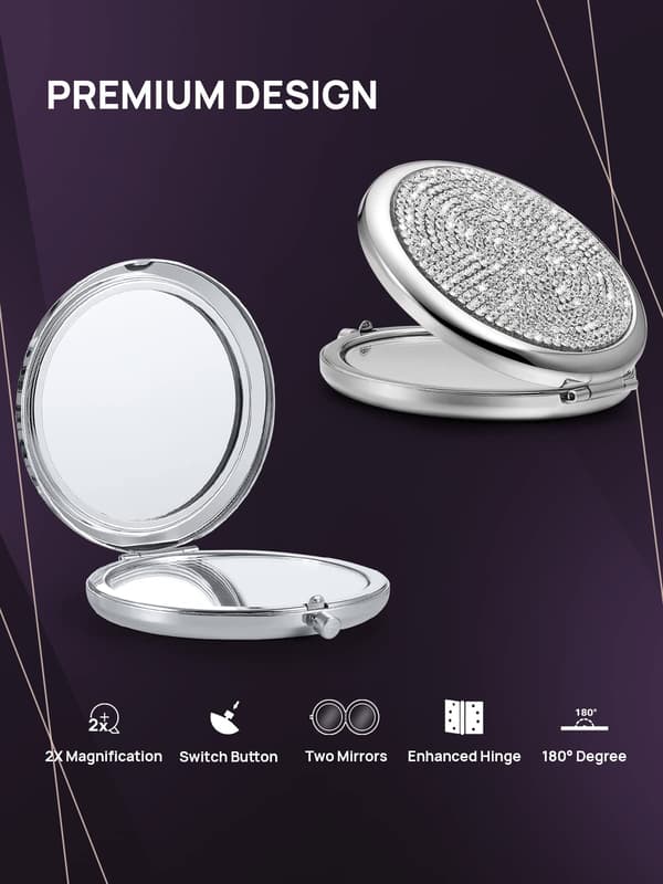 Compact Mirror, Mini Small Diamond 1X/2X Magnifying Round Metal Pocket Makeup Mirror
