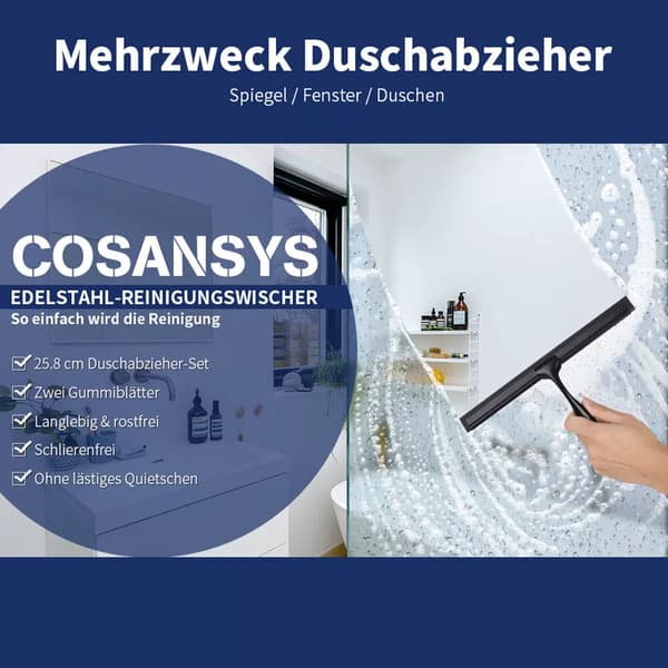 Shower Squeegee for Glass Doors, Stainless Steel Shower Squeegee, Versatile Squeegee with Adhesive Hook, Streak-Free Shine, Rust-Proof Construction