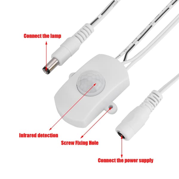 Mini PIR Infrarød Bevægelsessensor Afbryder til LED Strip - Hvid, 5A, DC 6-24V