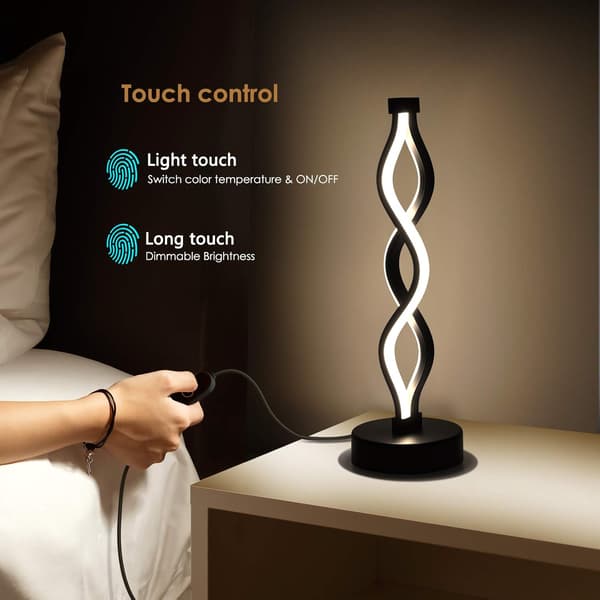 Black Infinite Spiral LED Desk Lamp, Dimmable Metal Bedside Lamp, Touch Switch, Three Color Temperatures, 34.44 cm High.