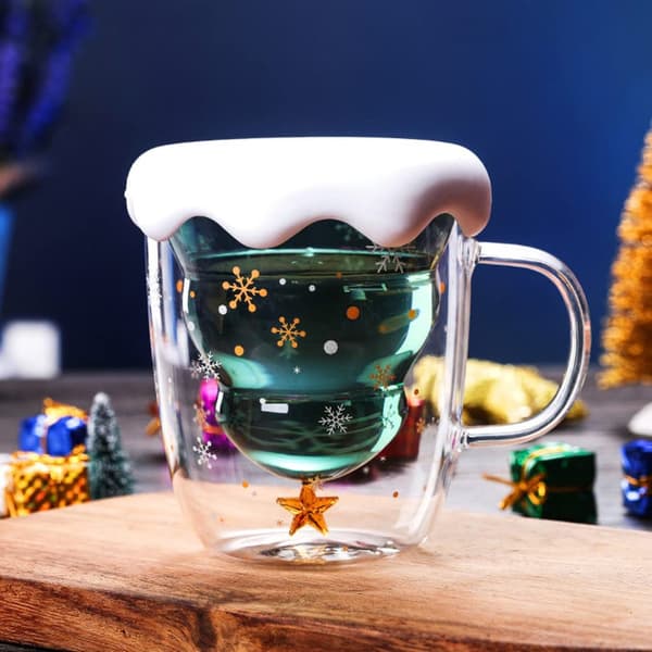 Jul-tema dubbelväggig isolerad glasmugg (med lock) - 300 ml söt presentmugg, lämplig för kaffe och te
