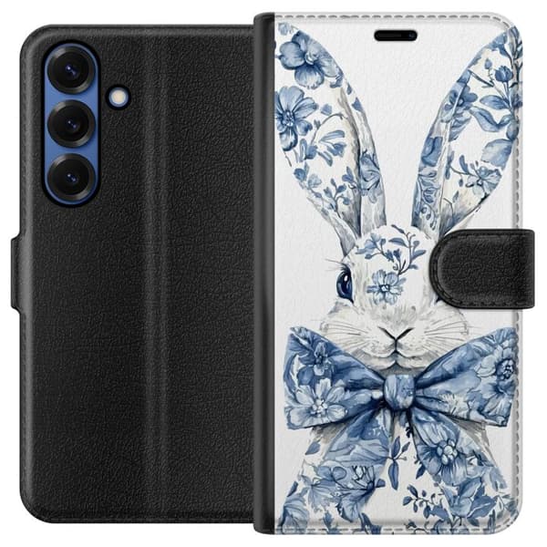 Compatible Wallet Case for Samsung Galaxy S25+ Rabbit with blue floral pattern and bow on light background blue