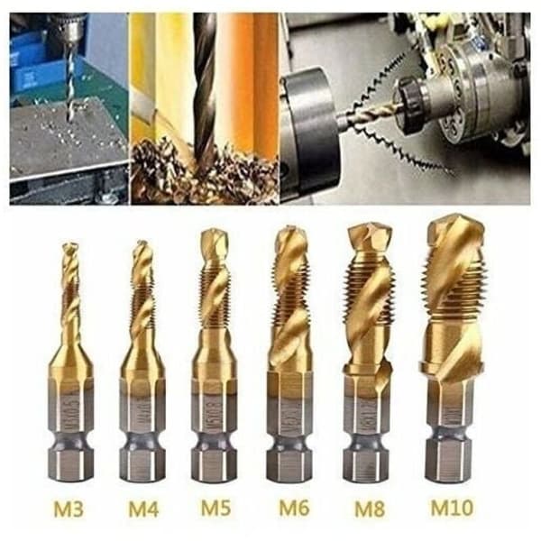 Set of 6 Taps. Thread Drill. Metric Thread M3-M10 with HSS Titanium Coating and 1/4\" Fluted Hex Shank Taps for Tapping Various Threads.