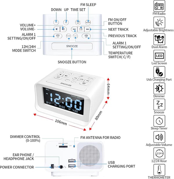 Klockradio med dubbla larm, digital väckarklocka 2 USB-laddningsportar, (vit)
