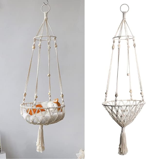 Boho Cat Window Sill, Hand-Woven Macrame Cat Hammock, Indoor Cat Bed for Sleeping, Round Pet Bed, Easily Customizable for Extra