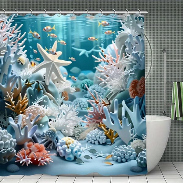 Blue Ocean Shower Curtain with Shells & Starfish, Polyester, High Quality, 12 Hooks, Bathroom Curtain