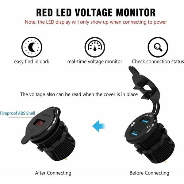 Motorcycle Dual USB Socket Car Charger Marine Power Outlet Adapter Waterproof Cigarette Lighter Socket 2.1A Fast Charging with LED Voltmeter for