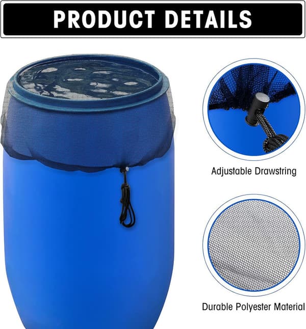 Rain Barrel Mesh Lid/Bucket Cover 1/3-pack - Durable Polyester with Drawstring, Protects against Debris, 60-12