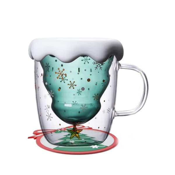 Jule-tema dobbeltvægget isoleret glaskrus (med låg) - 300 ml sødt gavekrus, velegnet til kaffe og te