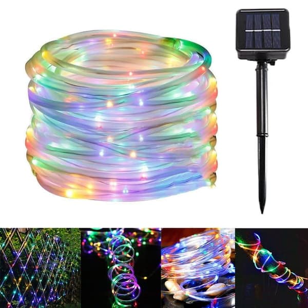 12m Solar String Lights Outdoor, Adjustable Brightness Colorful LED Lights, Flexible Copper Wire String Lights, Neon LED String Lights, 100 LED Lights